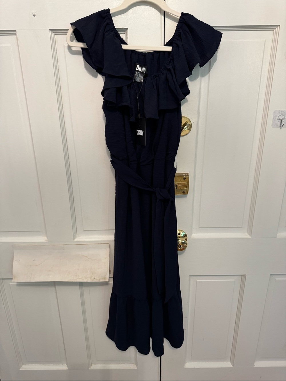 DKNY Navy Ruffled Belted Midi Dress